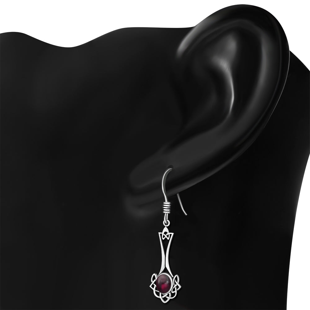 Celtic Knot Earrings - Long Knotted Drop with Red Garnet