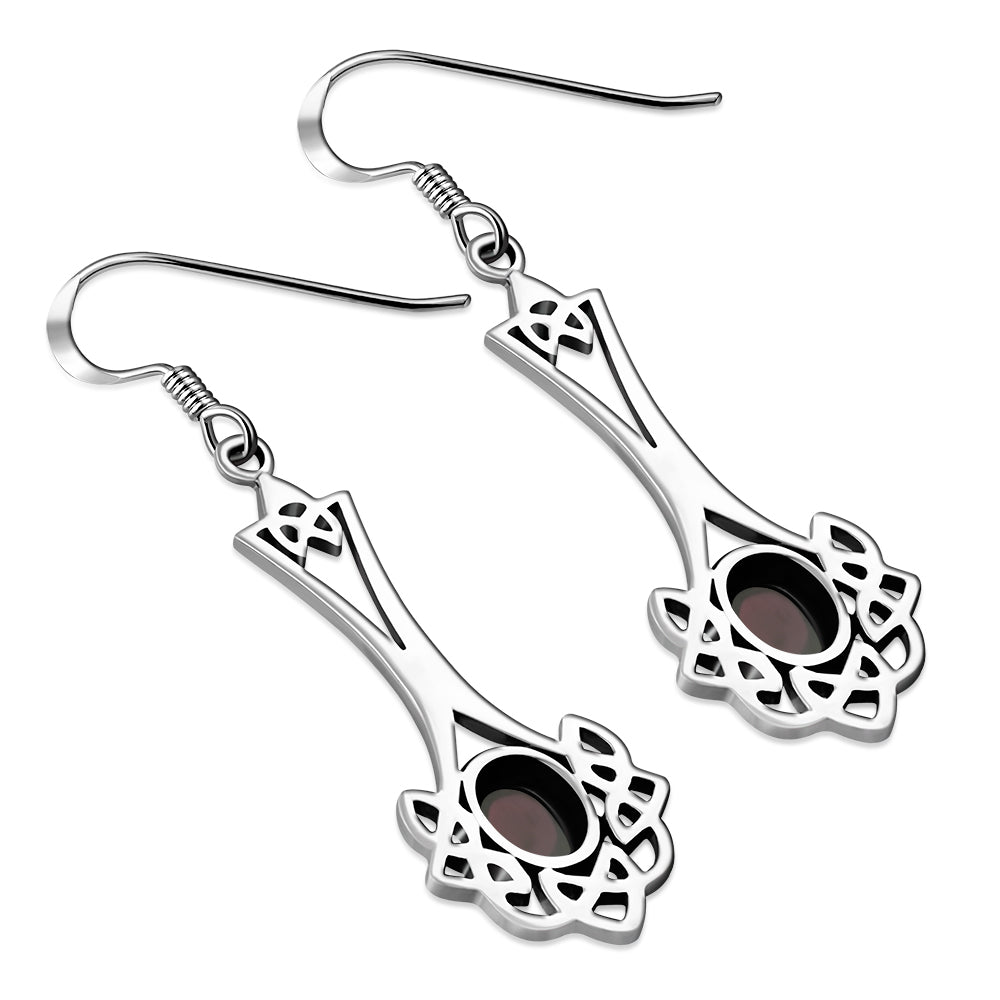 Celtic Knot Earrings - Long Knotted Drop with Red Garnet