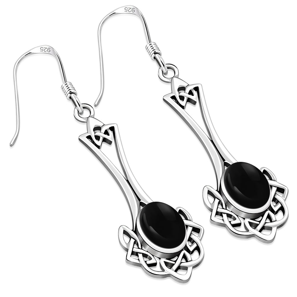 Celtic Knot Earrings - Long Knotted Drop with Black Onyx
