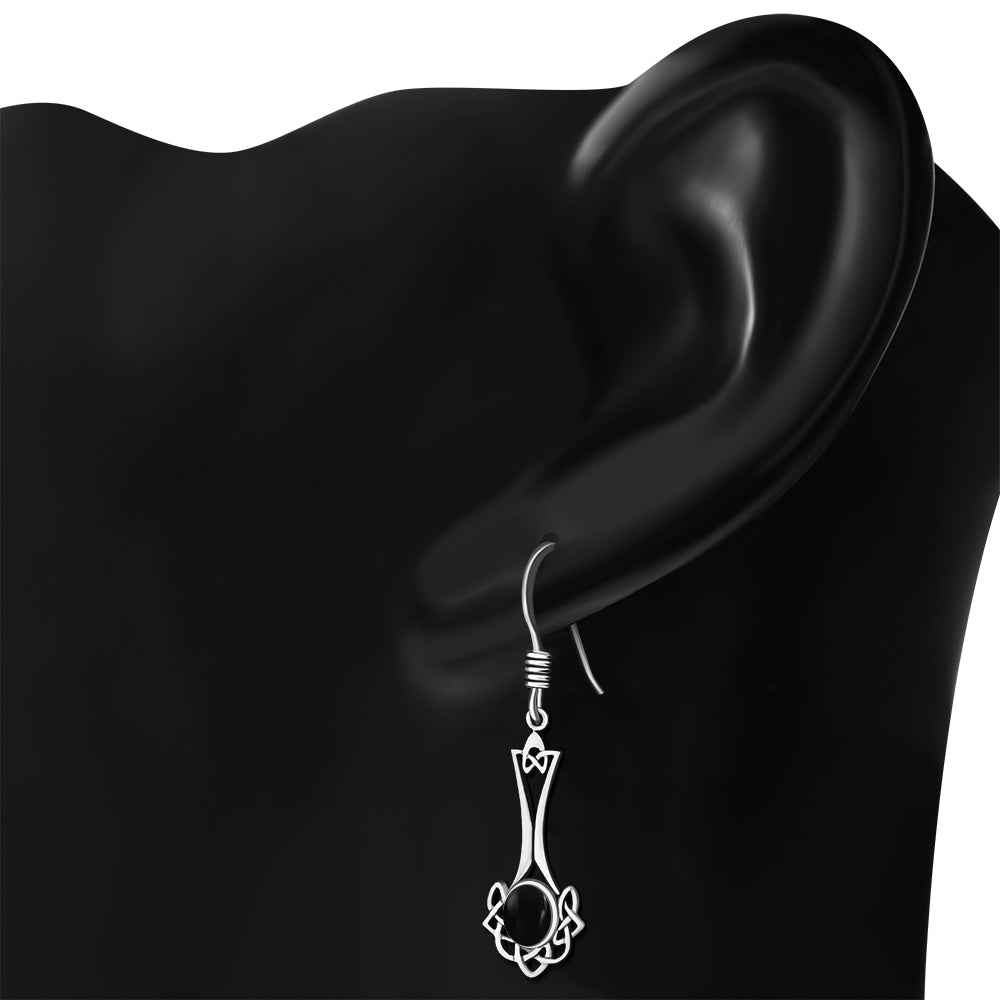 Celtic Knot Earrings - Long Knotted Drop with Black Onyx
