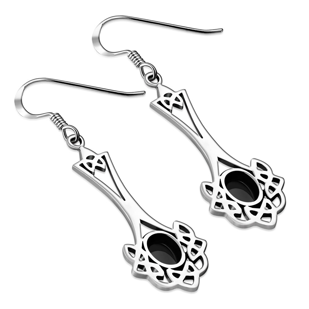 Celtic Knot Earrings - Long Knotted Drop with Black Onyx