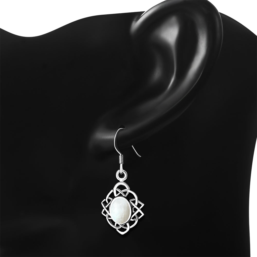 Celtic Stone Earrings - Celtic Knot Border with Mother of Pearl