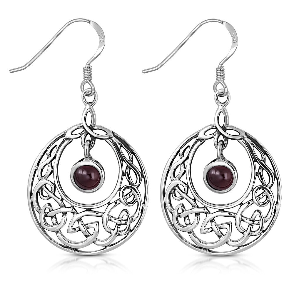 Celtic Knot Earrings - Half Moon Kells Knot with Red Garnet