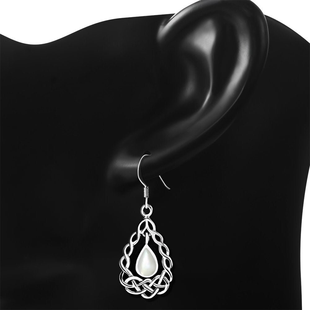 Celtic Stone Earrings - Basket Frame with Loose Mother of Pearl Drop