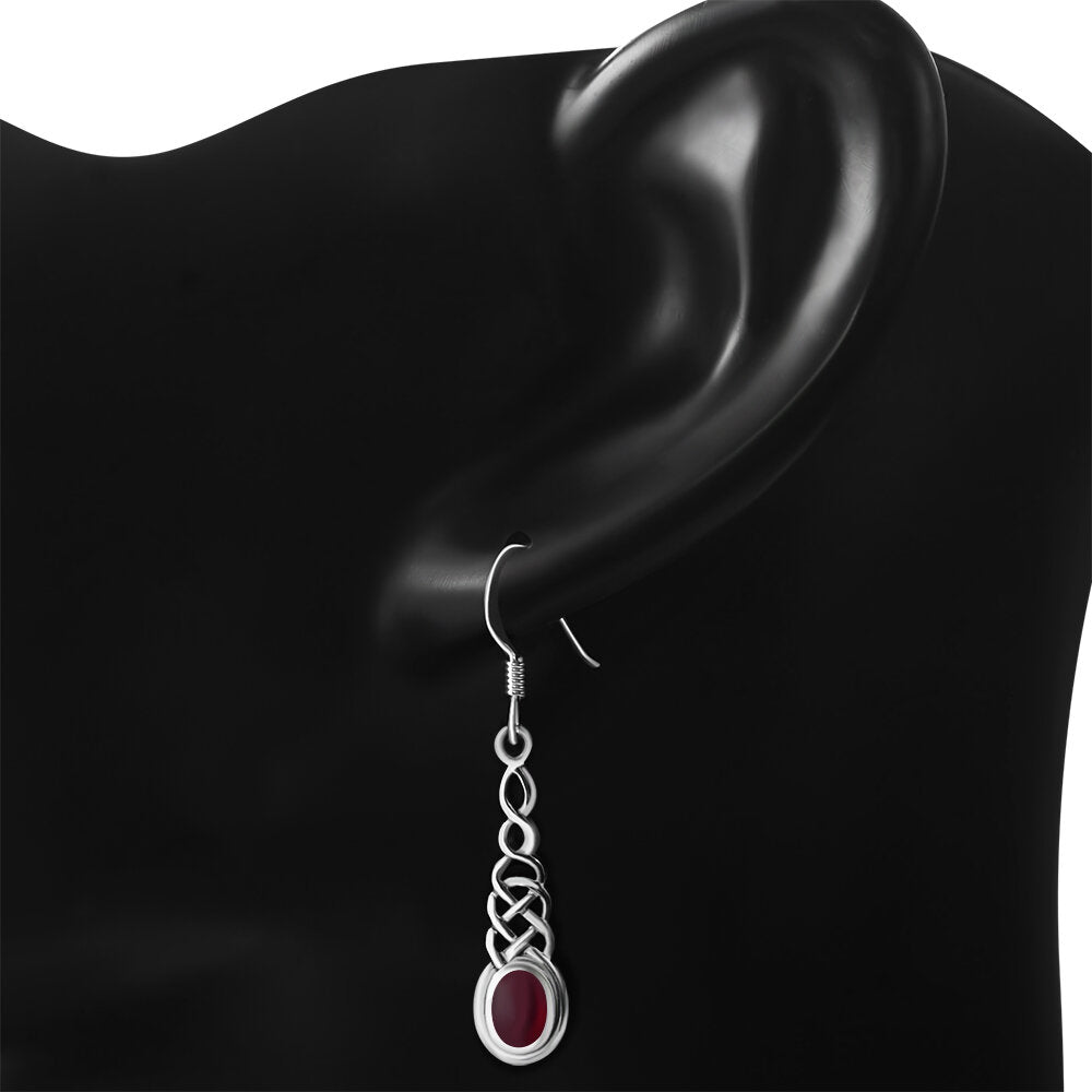 Celtic Knot Earrings - Elongated Twist with Red Garnet