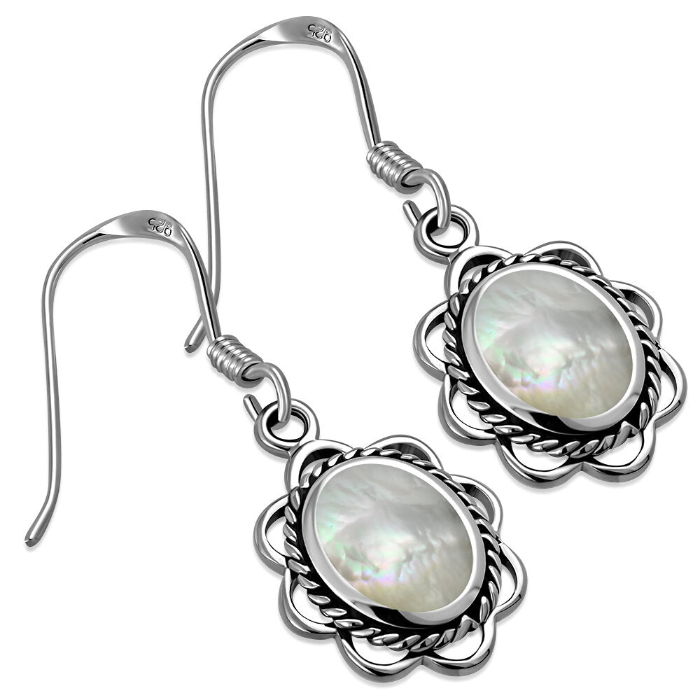 Contemporary Stone Earrings- Embroidered Border with Mother of Pearl