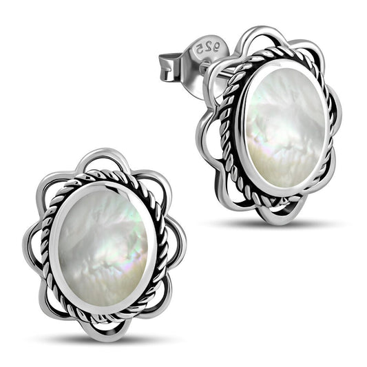 Contemporary Stone Earrings- Embroidered Border Studs with Mother of Pearl
