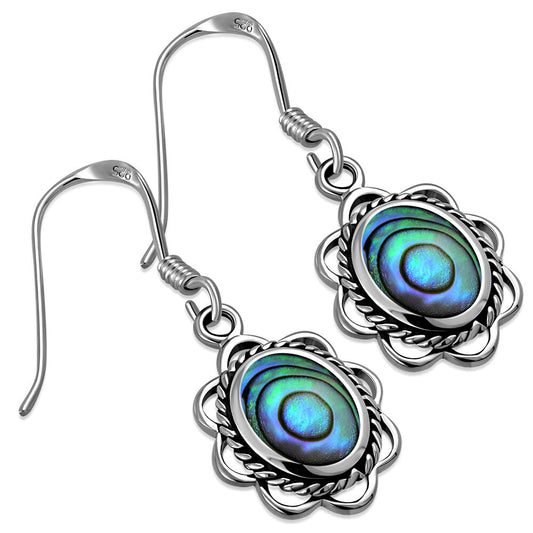 Contemporary Stone Earrings-  Embroidered Border with Abalone Shell