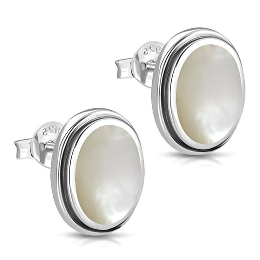 Contemporary Stone Earrings- Carved Oval Setting Studs with Mother of Pearl
