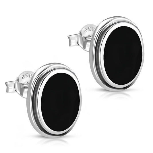 Contemporary Stone Earrings- Carved Oval Setting Studs with Black Onyx