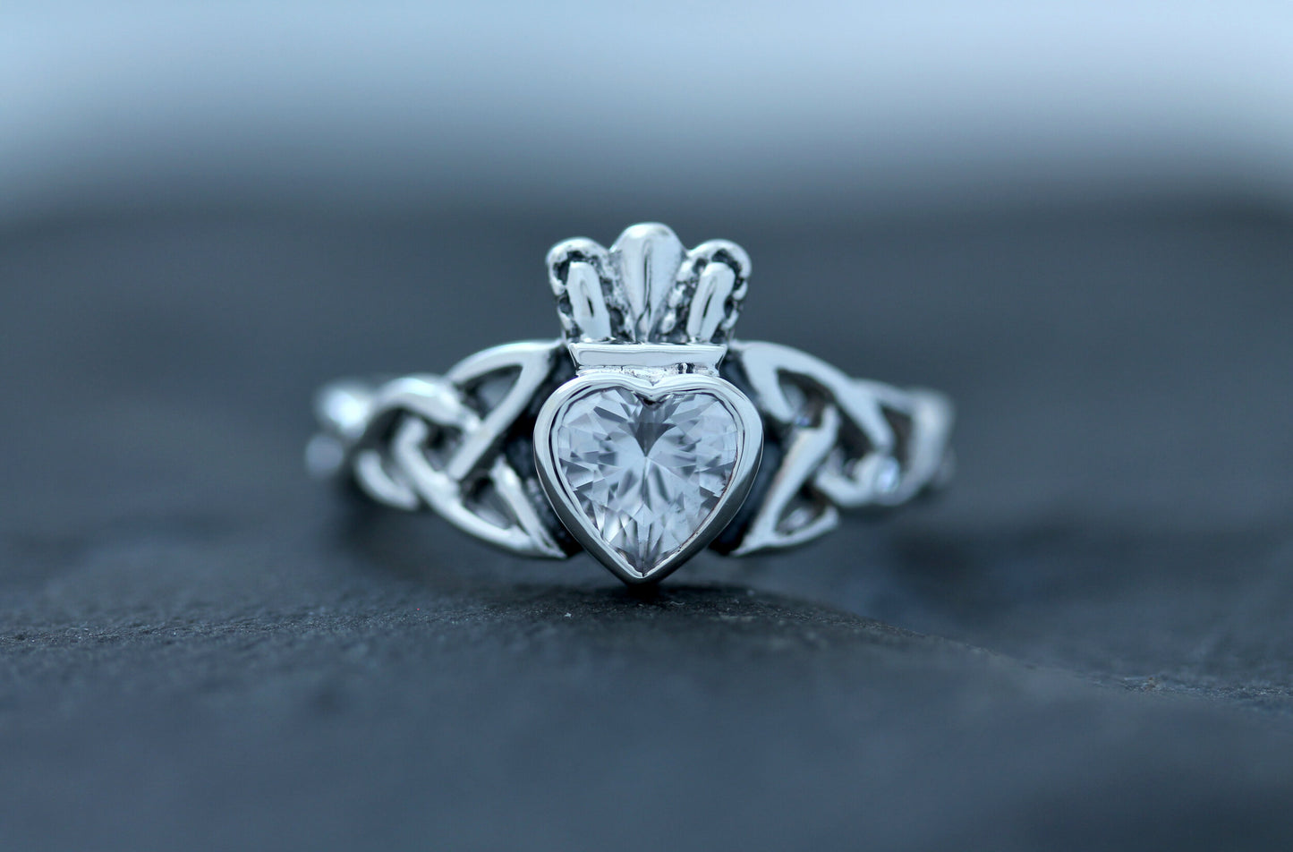 Claddagh Ring - Trinity Knot with Royal Crown with Clear Zircon