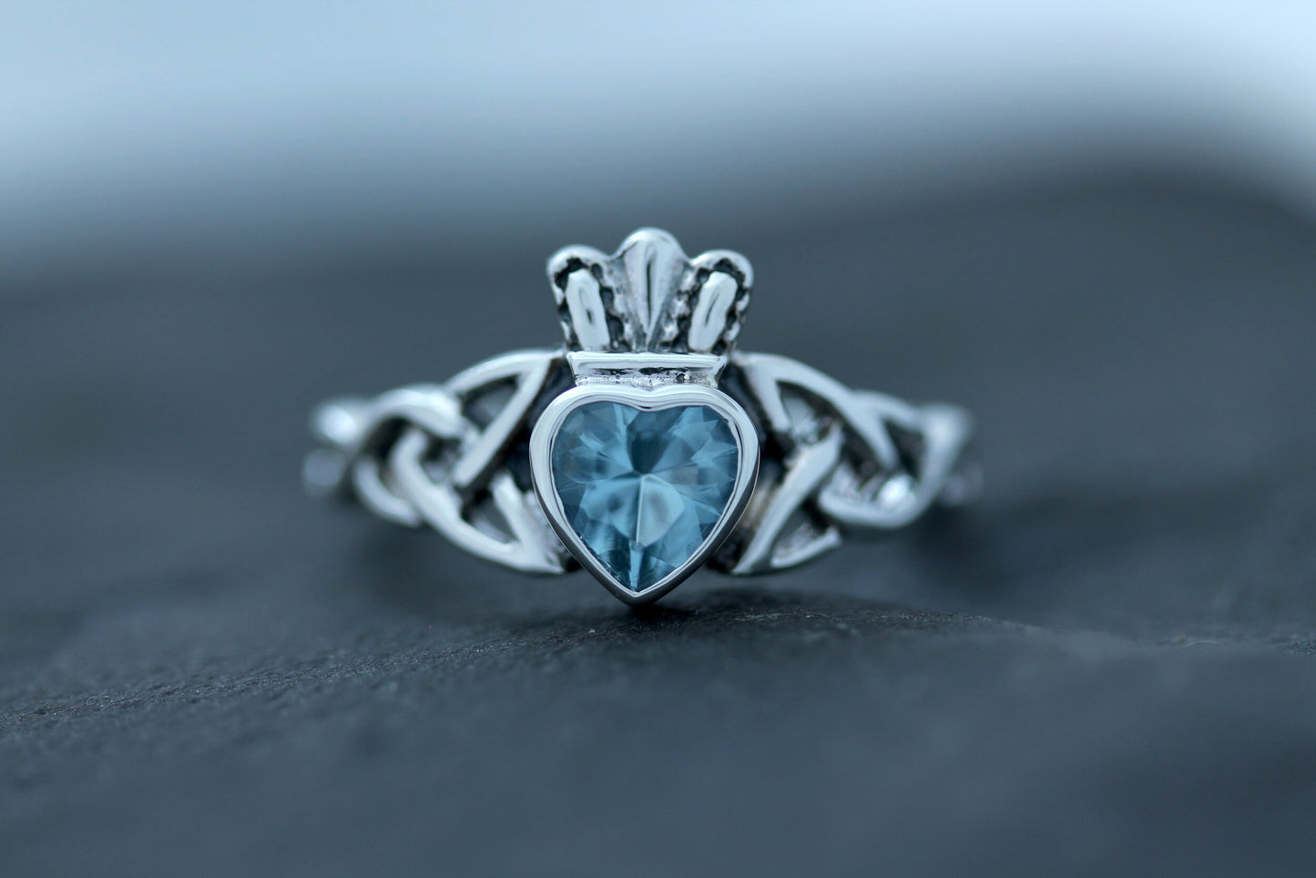Claddagh Ring - Trinity Knot with Royal Crown with Blue Zircon