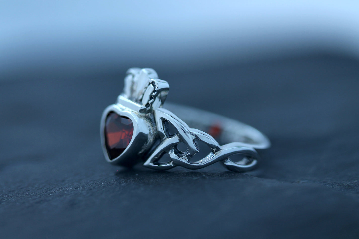 Claddagh Ring - Trinity Knot with Royal Crown with Red Zircon