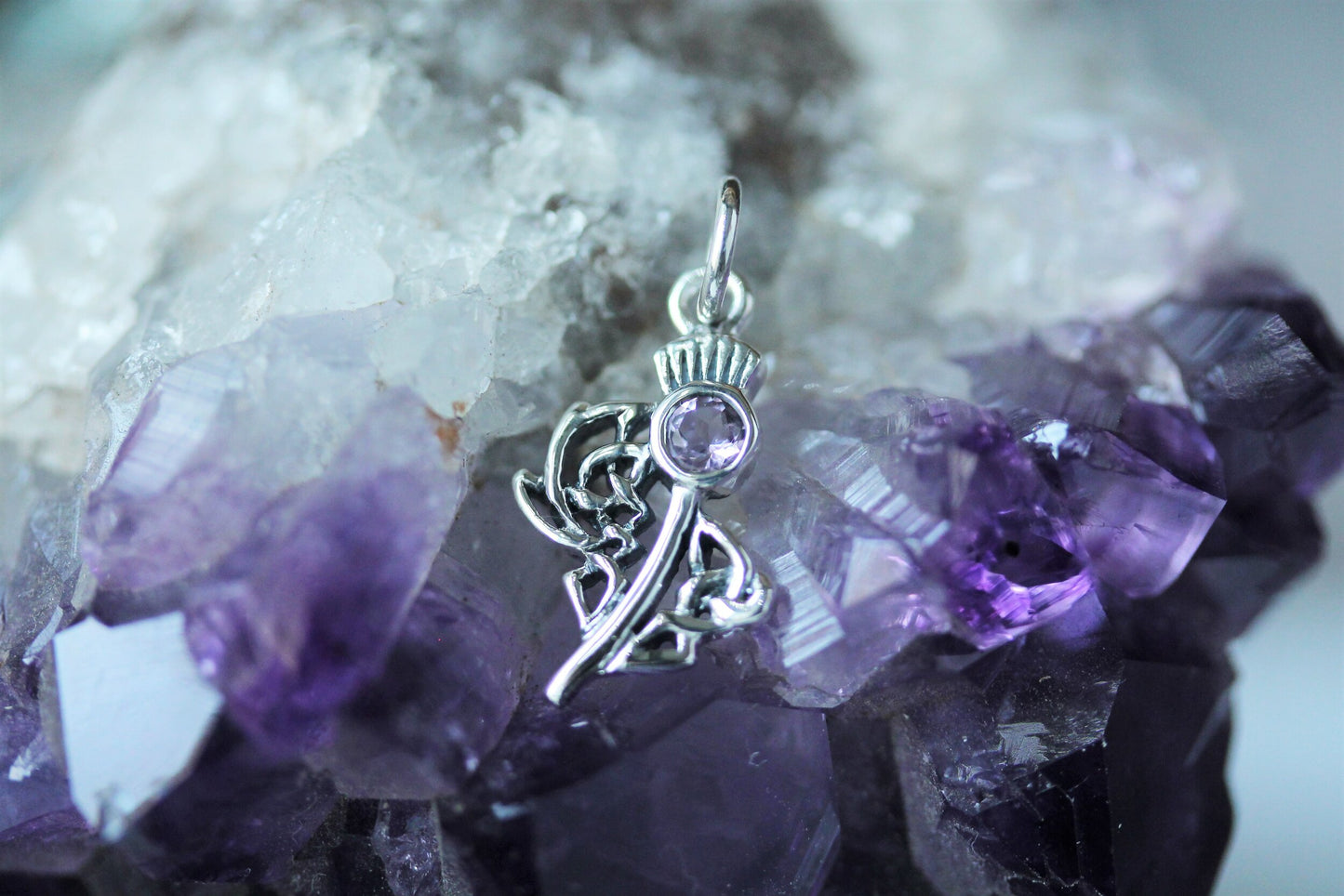 Scottish Thistle Pendant with Cut Amethyst - Celtic Woven Leaf