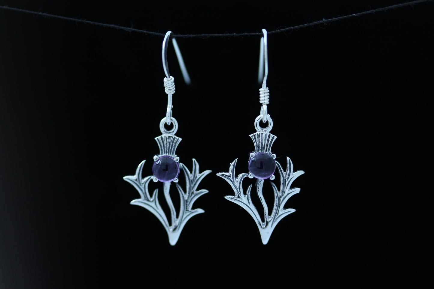 Scottish Thistle Earrings Amethyst - Spiky Leaf