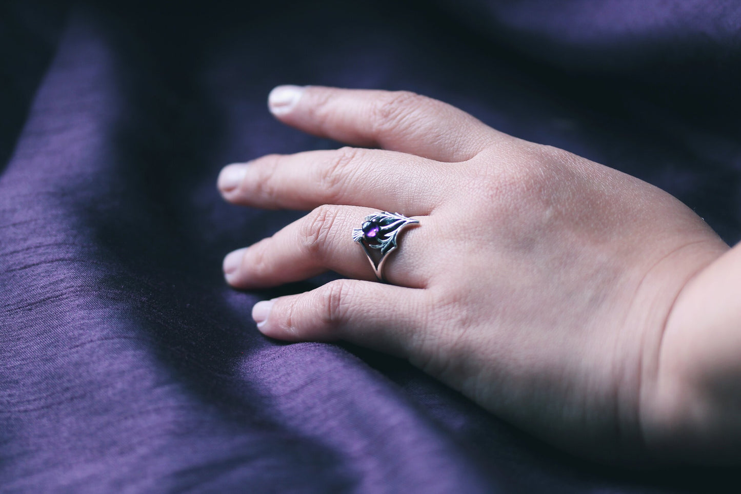 Scottish Thistle Ring - Spiky Leaf with Polished Amethyst (Large)