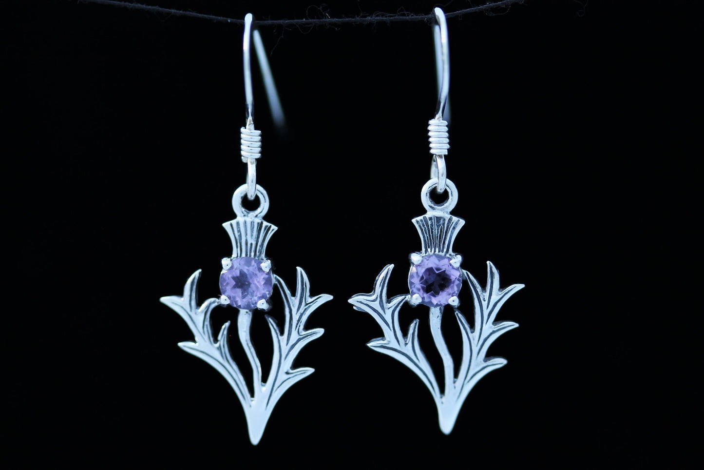 Scottish Thistle Earrings - Spiky Leaf with Cut Amethyst