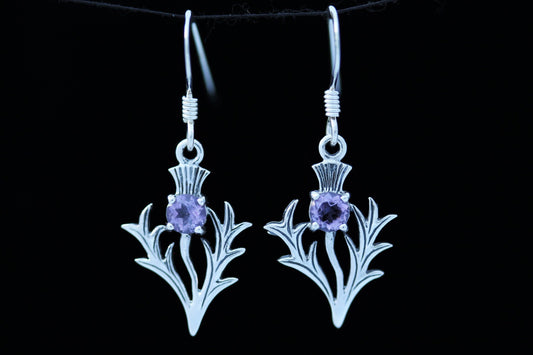 Scottish Thistle Earrings - Spiky Leaf with Cut Amethyst