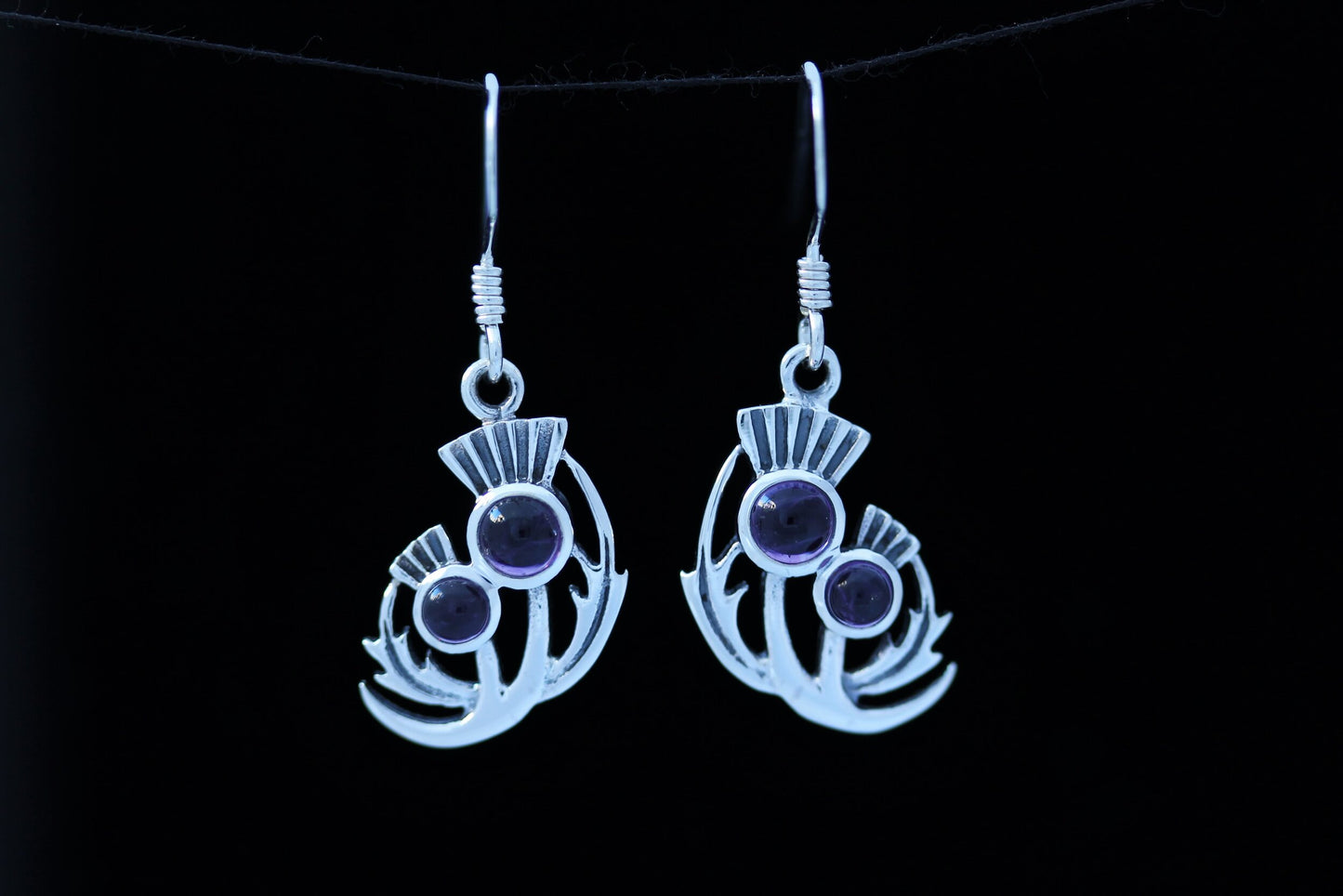 Scottish Thistle Earrings Amethyst - Half Moon Leaves