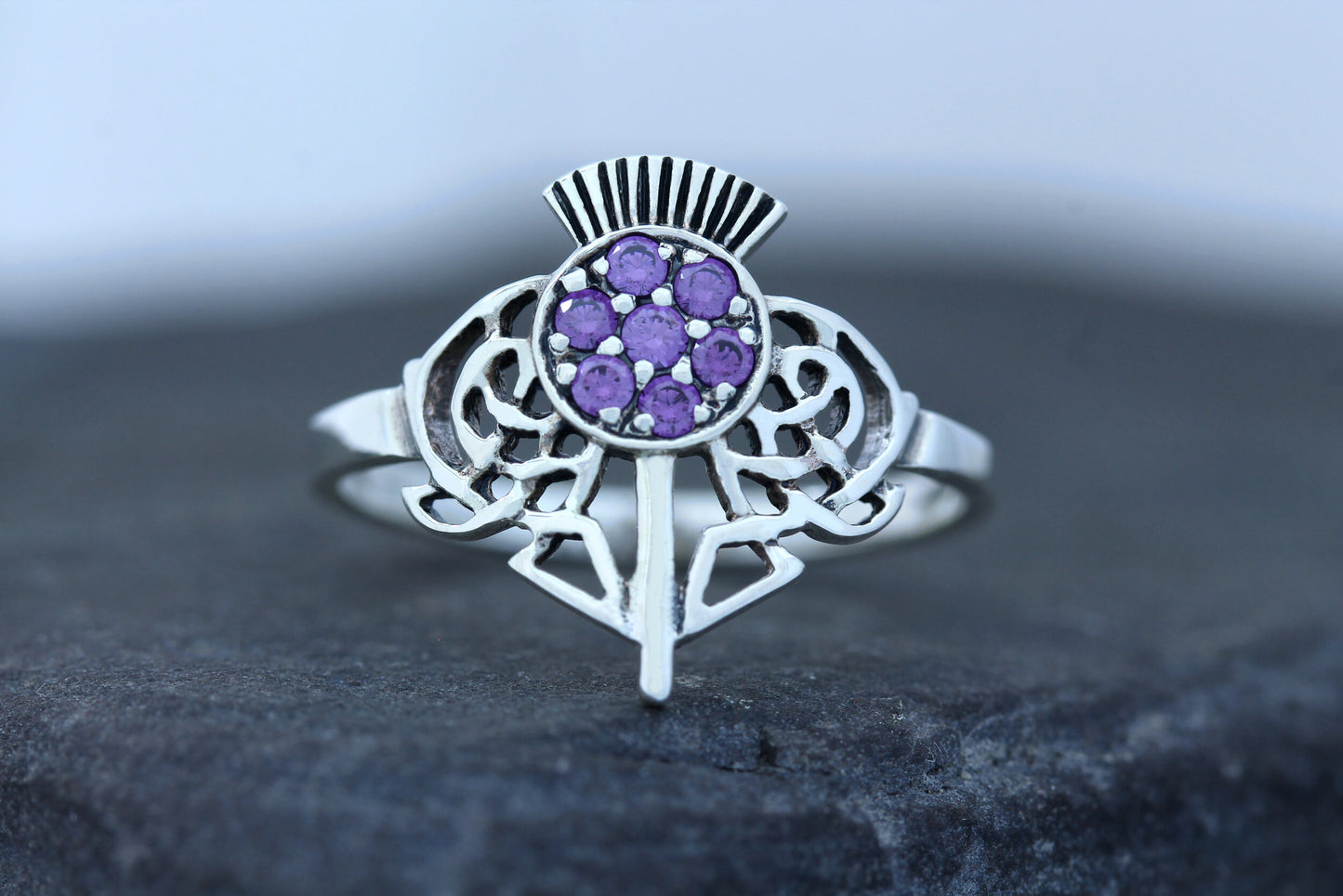 Scottish Thistle Ring - Jewelled Crown with Celtic Knot Leaves