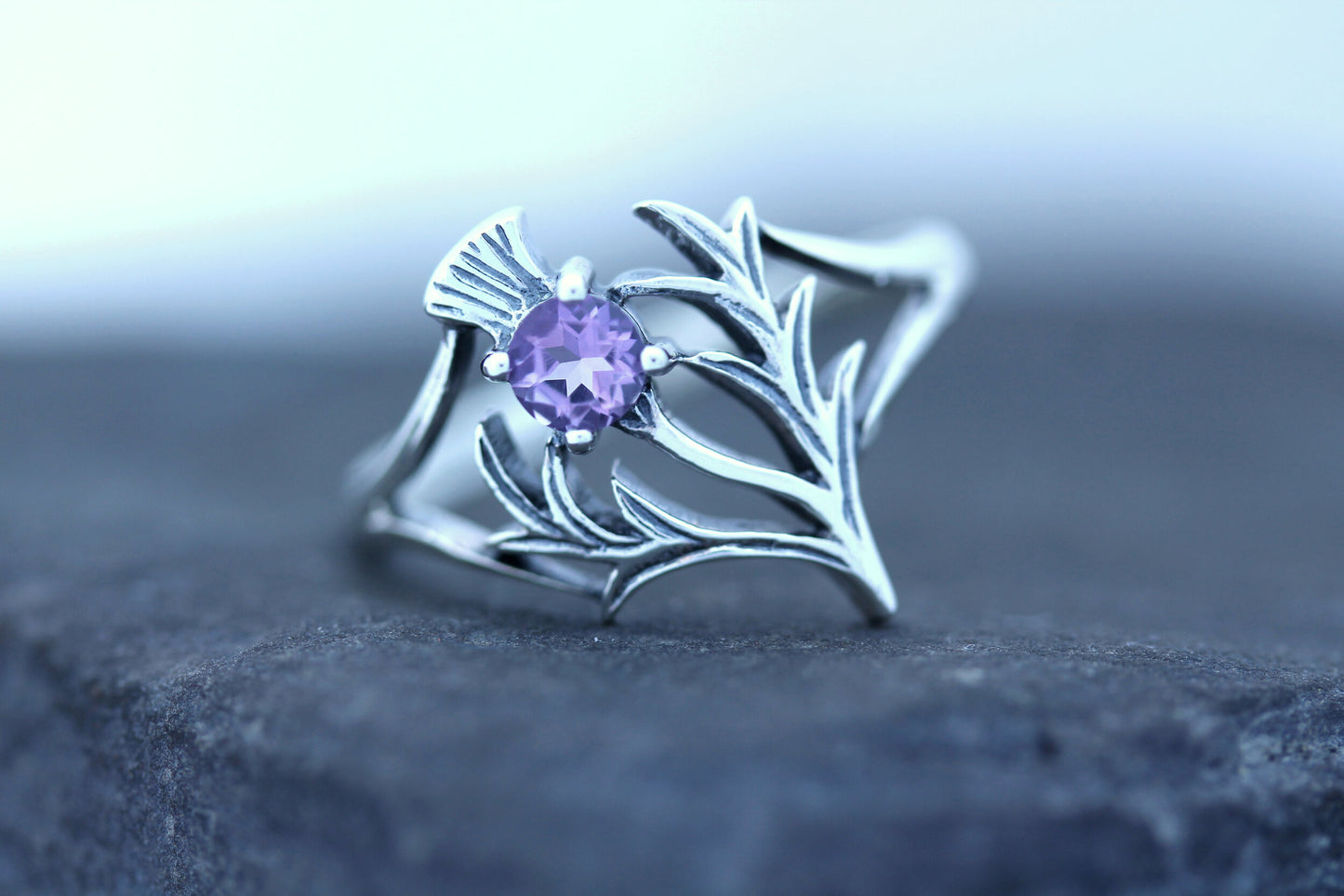 Scottish Thistle Ring - Spiky Leaf with Cut Amethyst (Large)