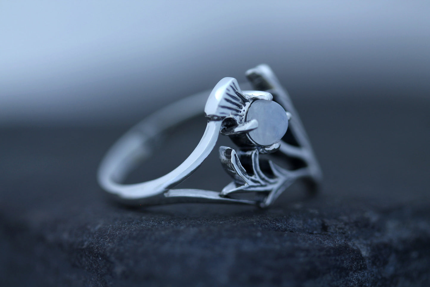 Scottish Thistle Ring - Spiky Leaf with Moonstone (Large)