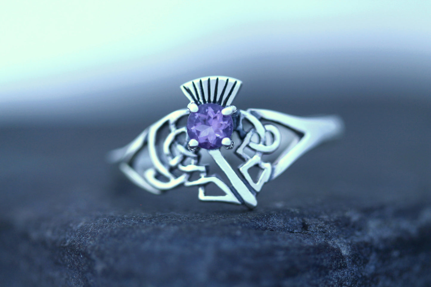 Scottish Thistle Ring - Celtic Leaves with Cut Amethyst