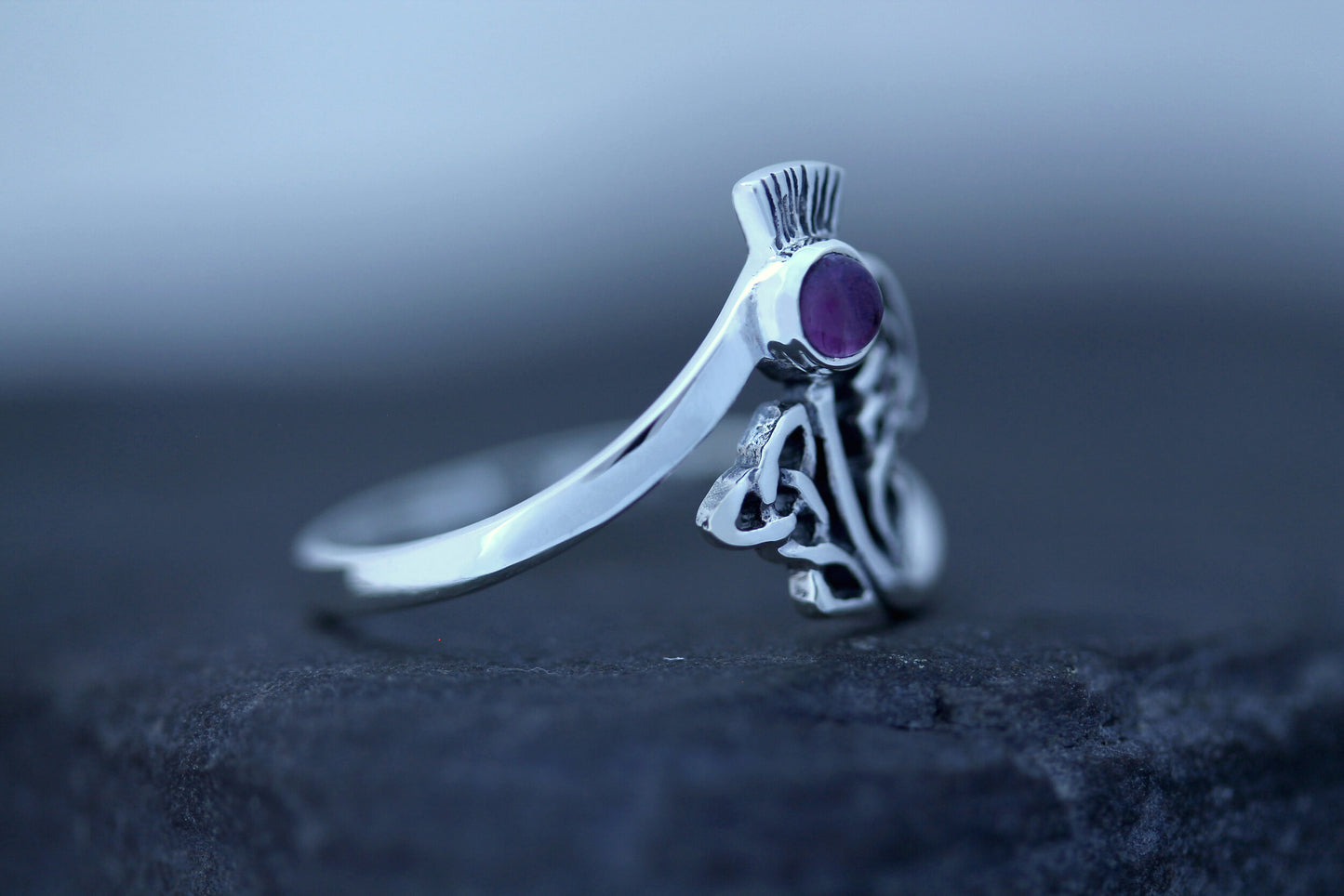 Scottish Thistle Ring - Celtic Woven Leaves with Amethyst
