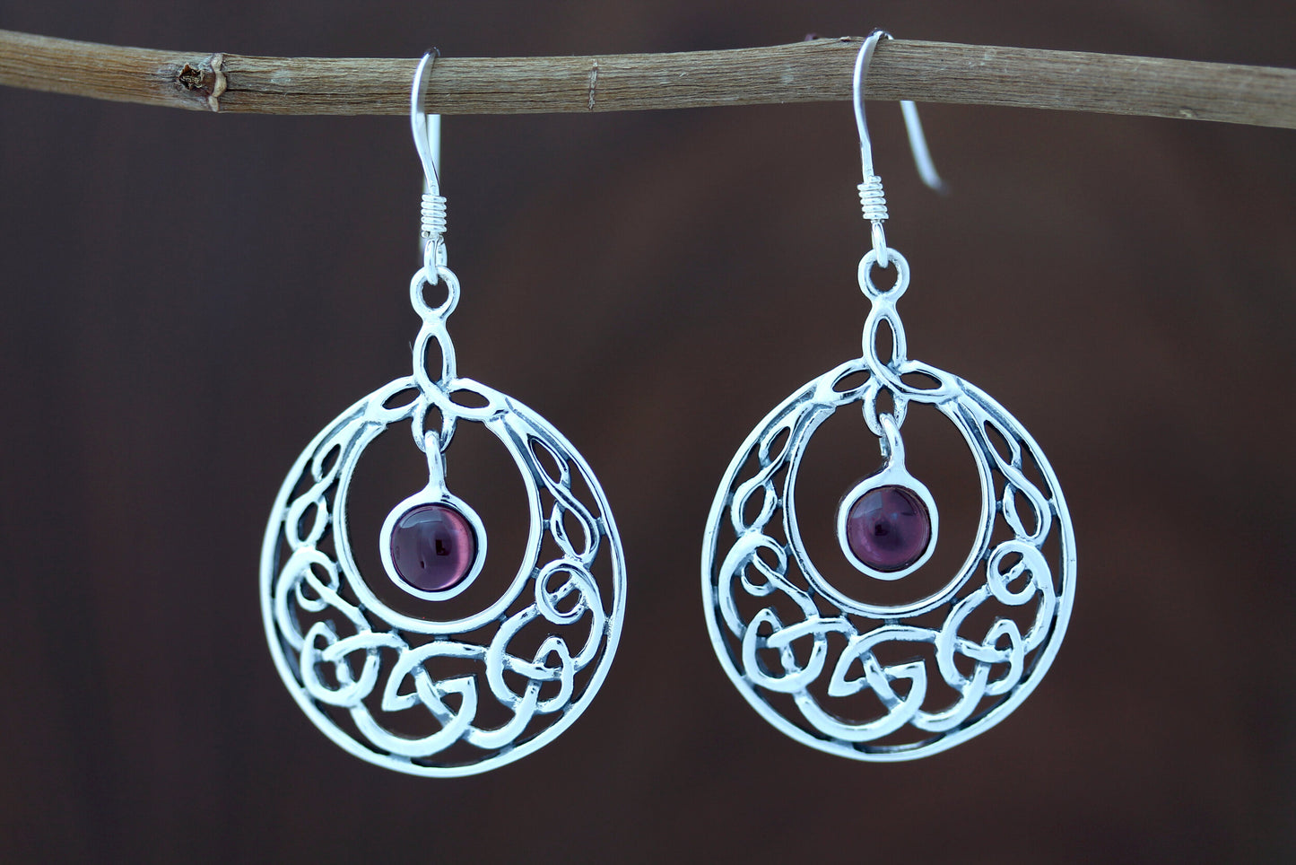 Celtic Knot Earrings - Half Moon Kells Knot with Red Garnet
