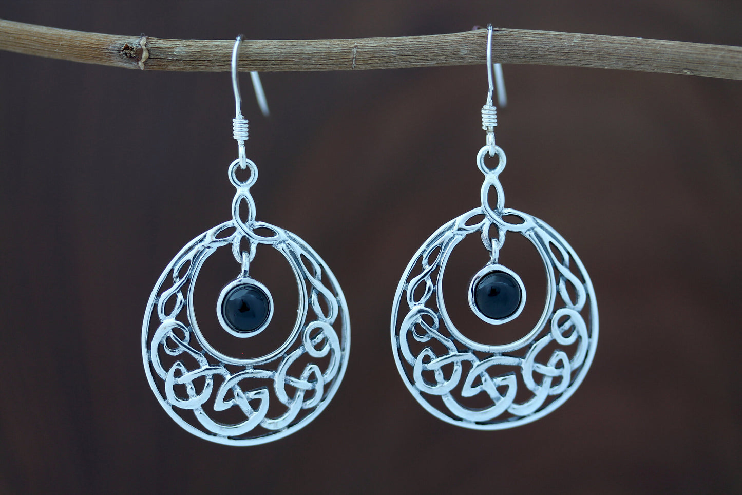 Celtic Knot Earrings - Half Moon Kells Knot with Black Onyx