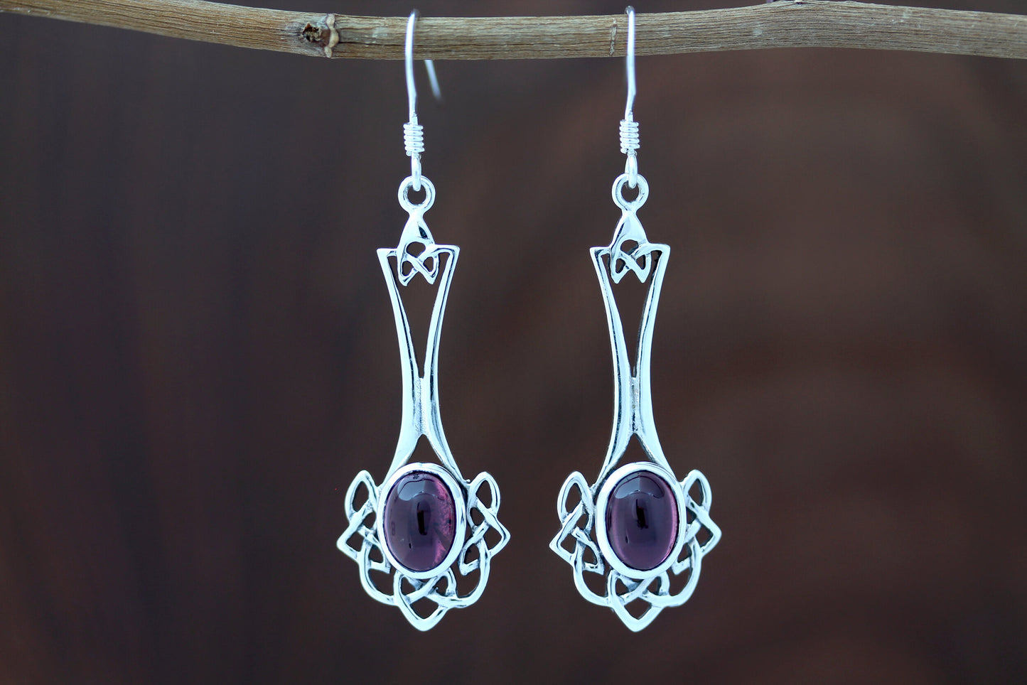 Celtic Knot Earrings - Long Knotted Drop with Red Garnet