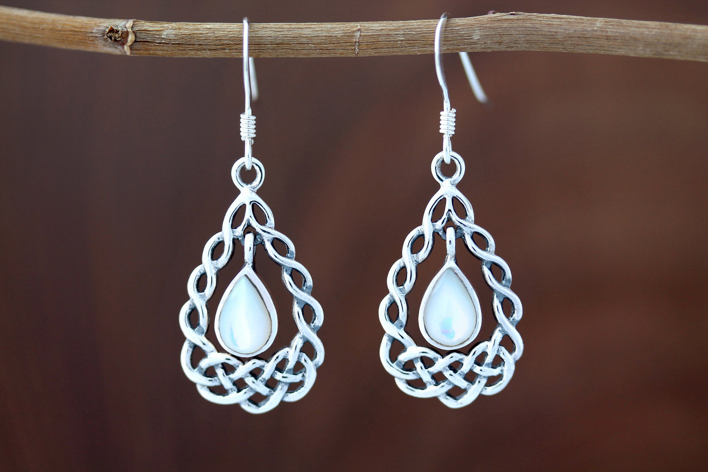 Celtic Stone Earrings - Basket Frame with Loose Mother of Pearl Drop