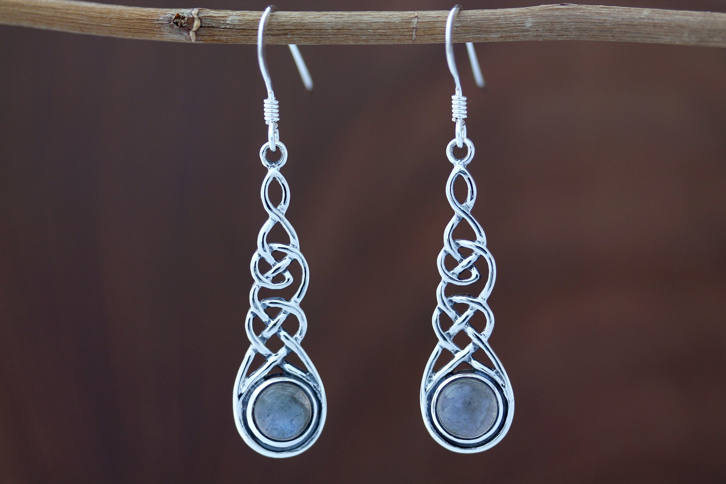 Popular Triquetra Stone Earrings - Elongated Trinity Knot with Mother of Pearl- Hallmarked 925 Sterling Silver- Edinburgh, Scotland