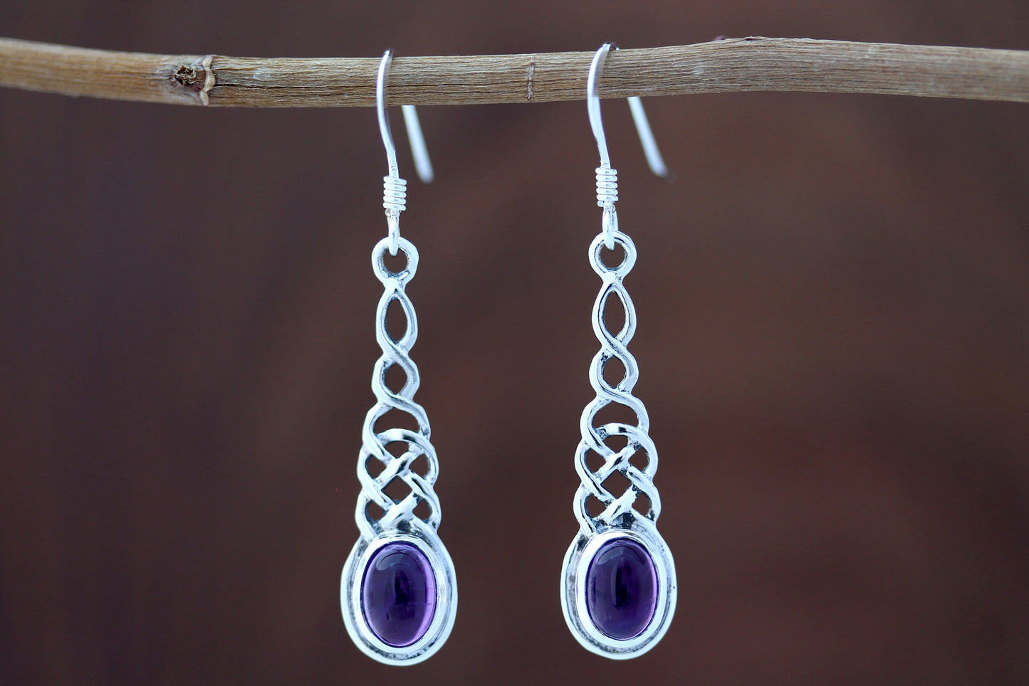 Celtic Knot Earrings - Elongated Twist with Amethyst
