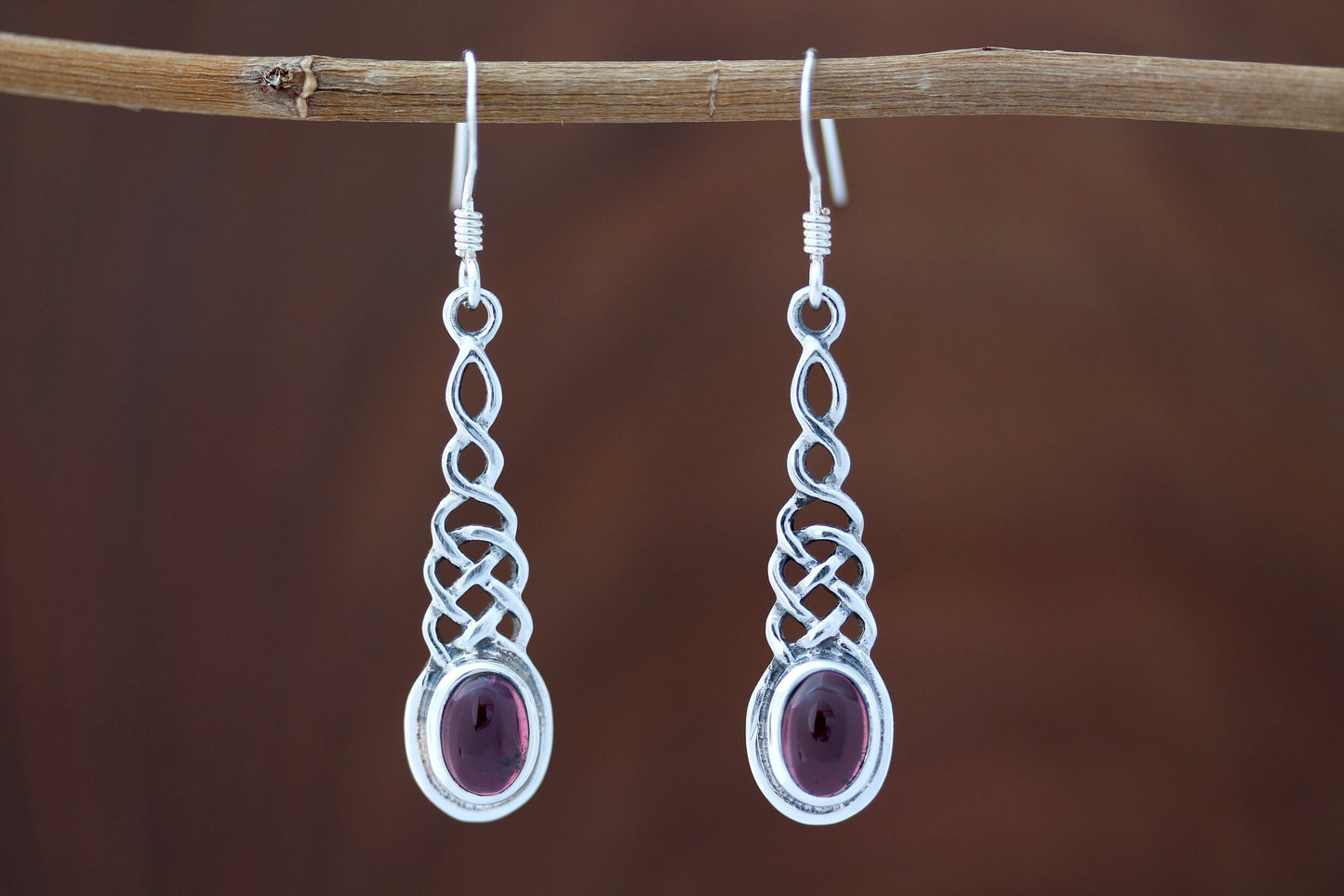 Celtic Knot Earrings - Elongated Twist with Red Garnet