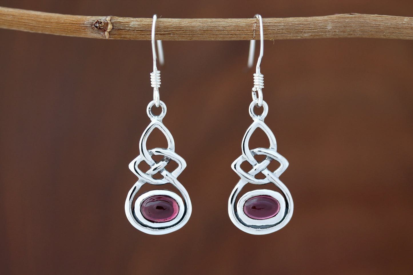Celtic Knot Earrings - Infinity with Red Garnet Drop
