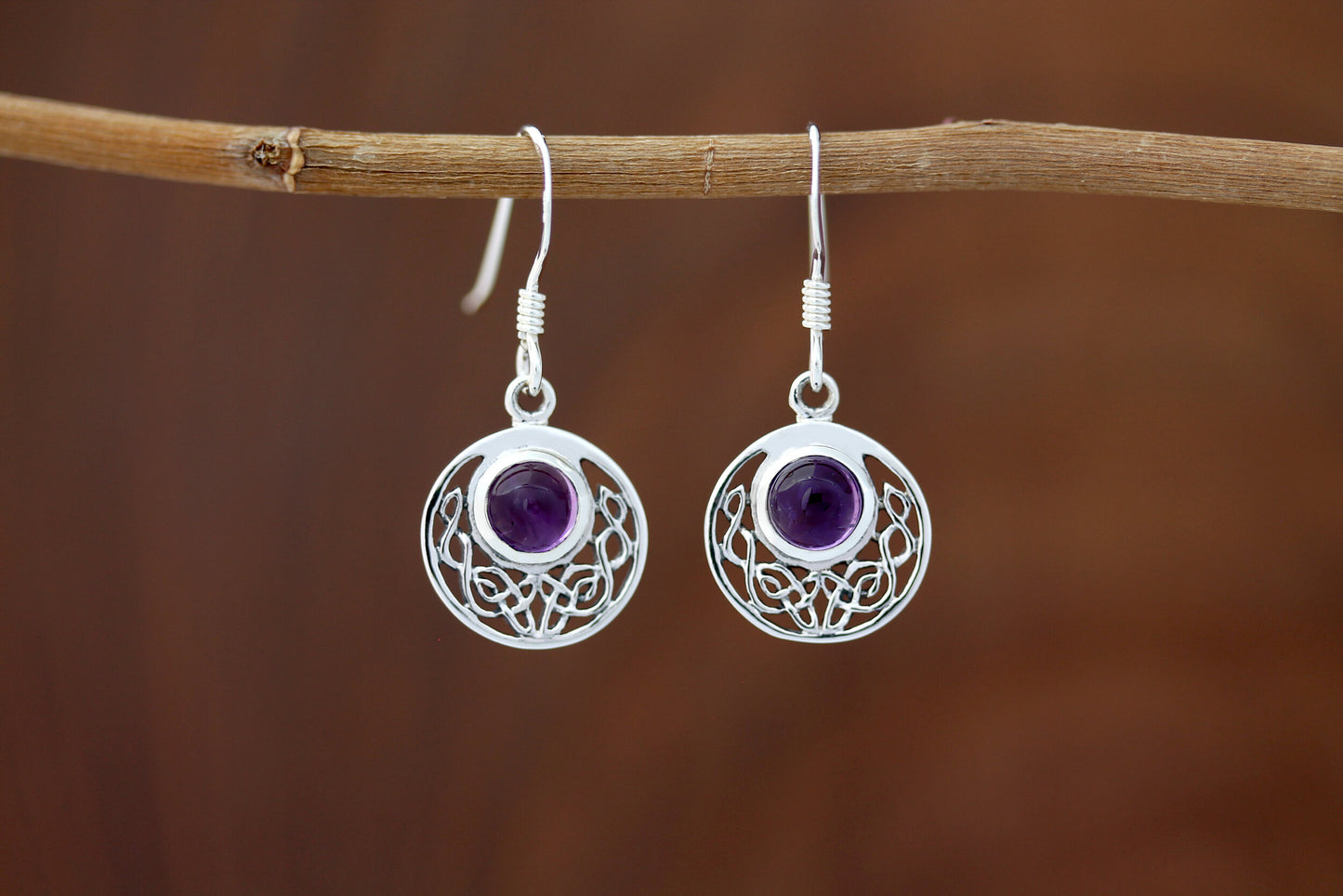 Celtic Knot Earrings - Half Moon filled with Amethyst