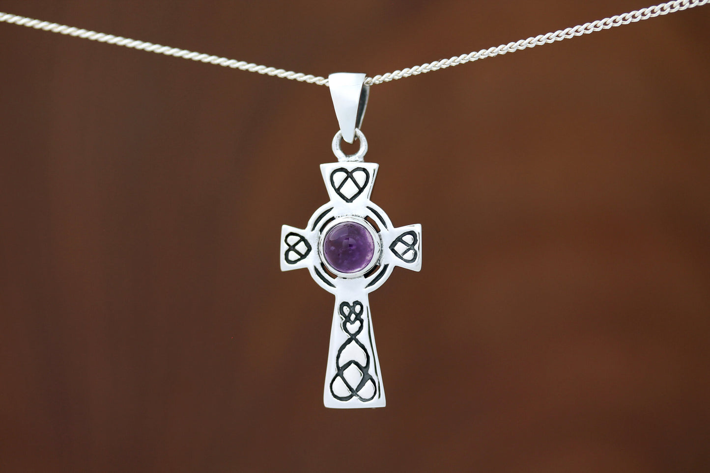 Celtic Cross Pendant - Looped Heart with Amethyst