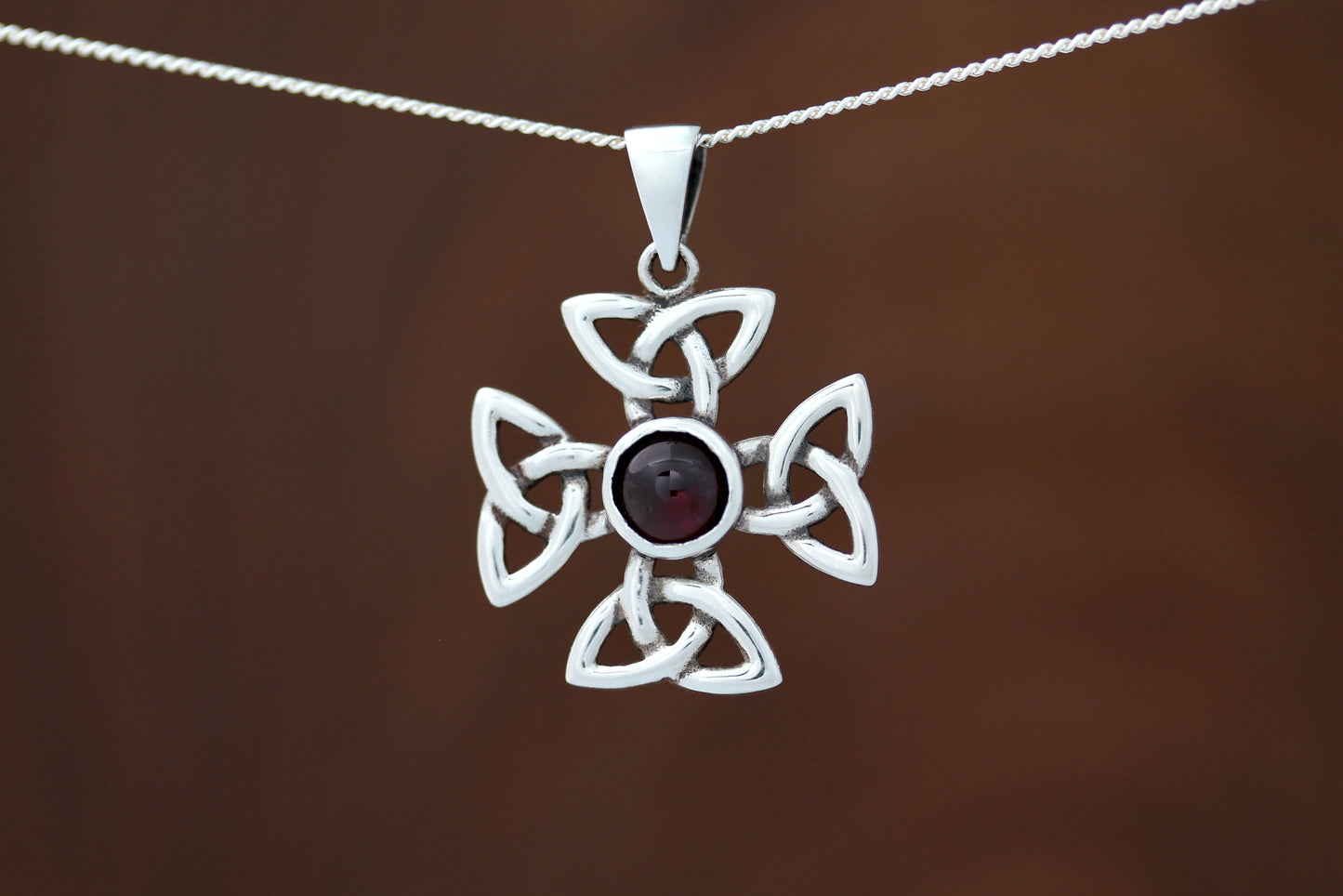 Celtic Cross Pendant - Celtic Wheel Cross with Red Garnet (Medium)