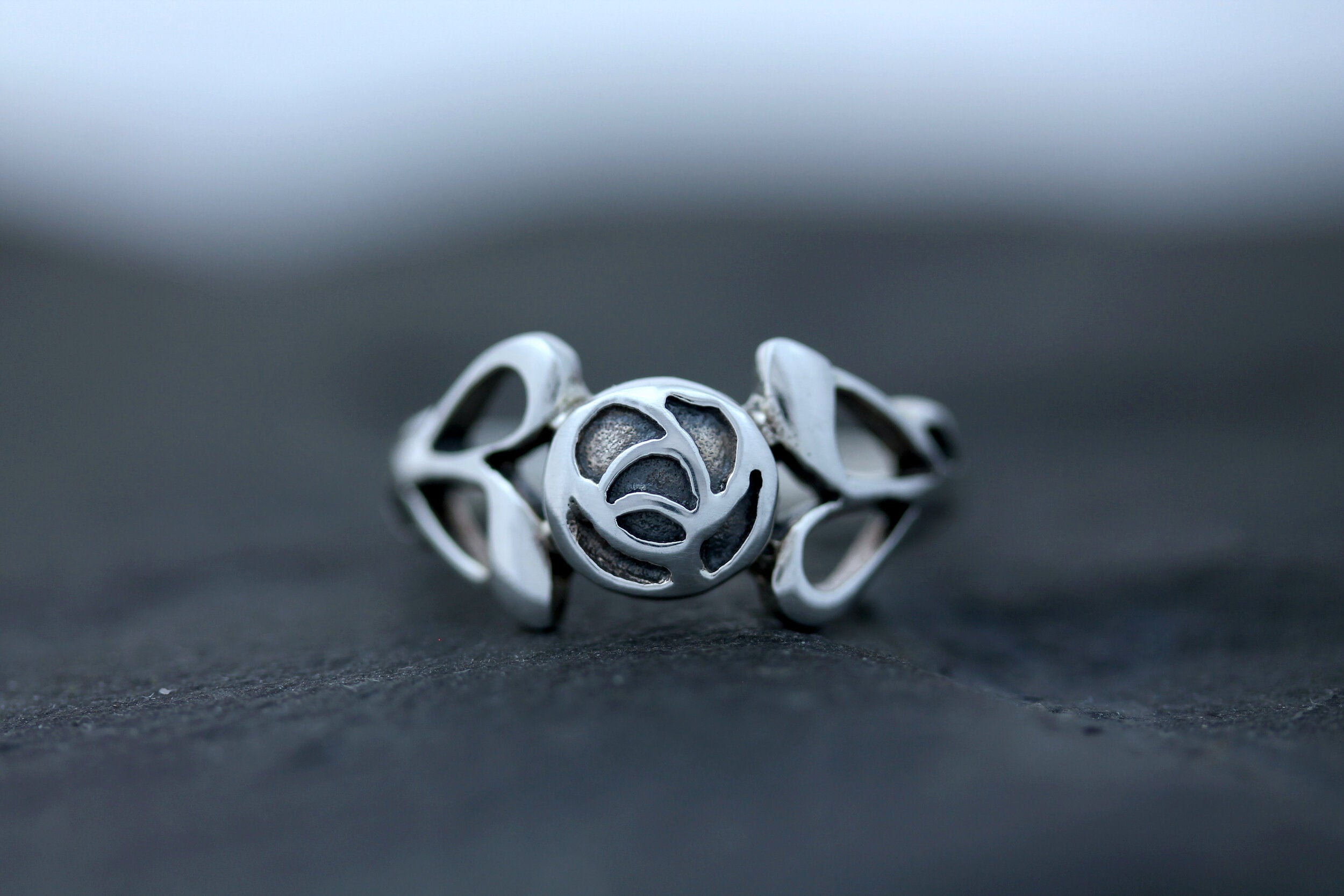 Vintage Oxidized Flower Leaf Rose Ring - Sterling Silver Band, Sizes 6-9, Handcrafted .925 Silver