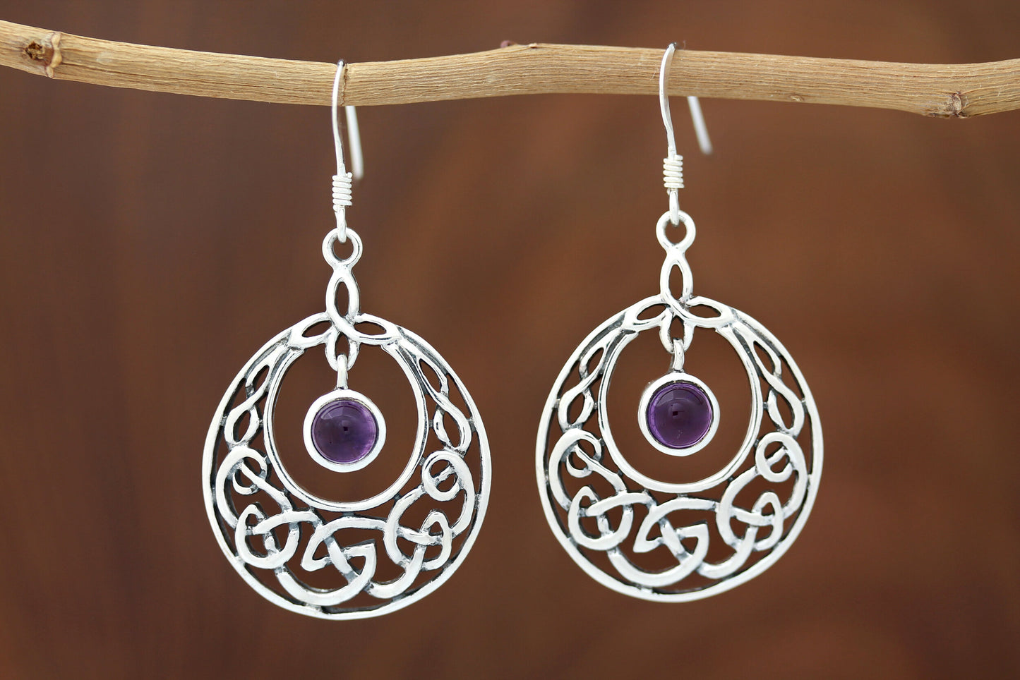 Celtic Knot Earrings - Half Moon Kells Knot with Amethyst