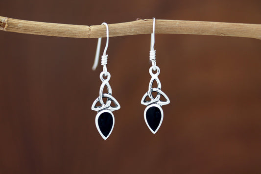 Triquetra Stone Earrings - Teardrop with Black Onyx