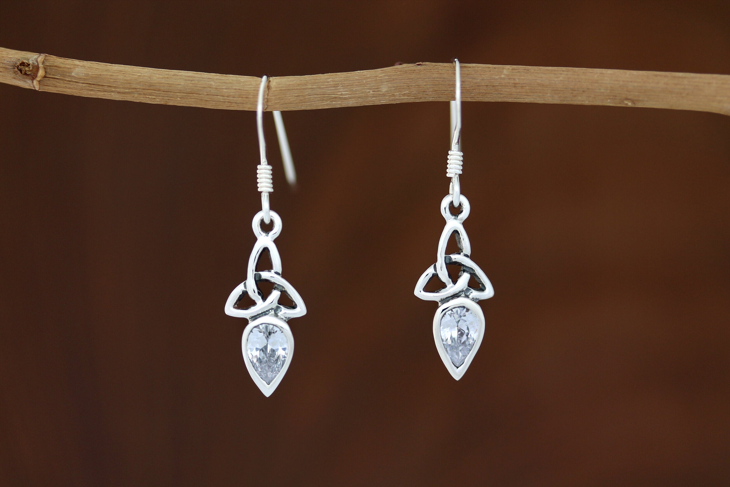 Celtic Stone Set - Triquetra Drop with Clear Zircon – Celtic