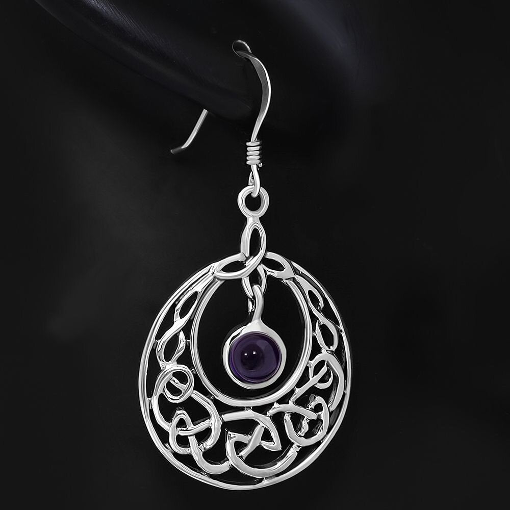 Celtic Knot Earrings - Half Moon Kells Knot with Amethyst