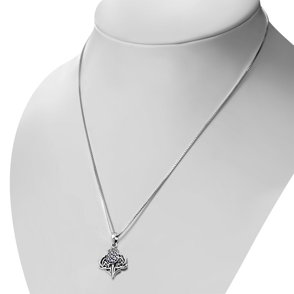 Scottish Thistle Pendant Zircon - Jewelled Crown with Celtic Knot Leaves