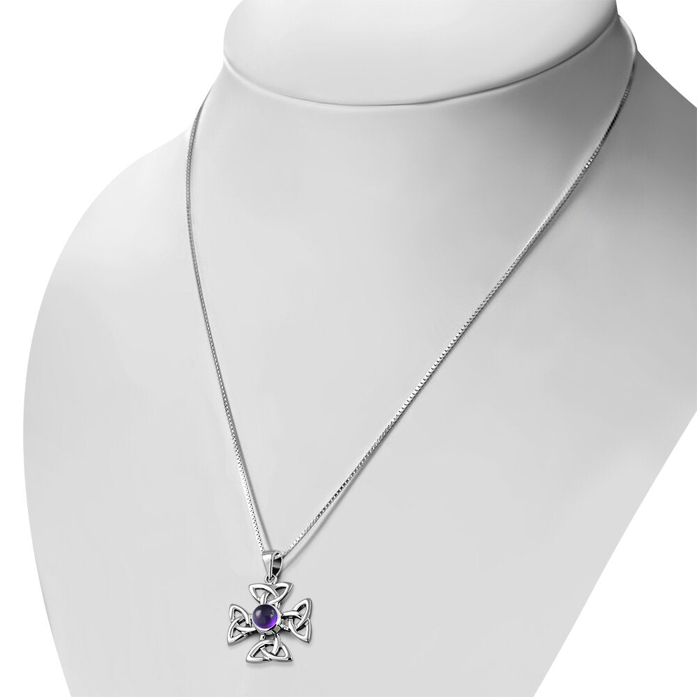 Celtic Cross Pendant - Celtic Wheel Cross with Amethyst (Medium)