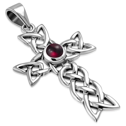 Celtic Cross Pendant - Open Celtic Loop with Garnet