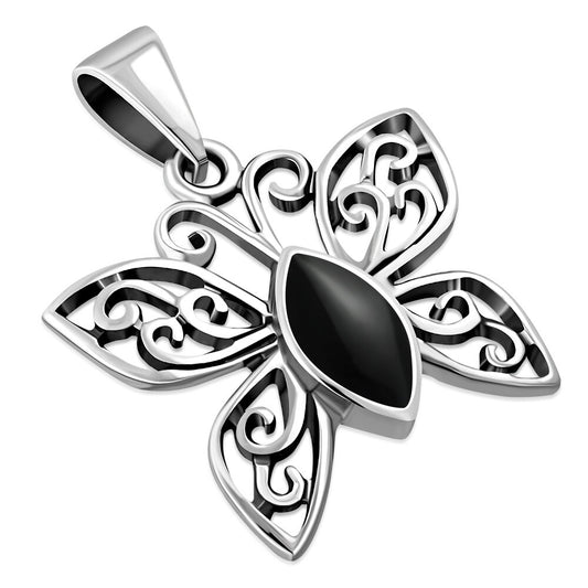 Contemporary Stone Pendant- Butterfly with Filigree Arms with Black Onyx
