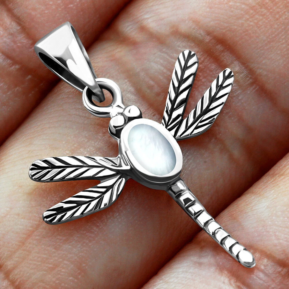 Contemporary Stone Pendant - Dainty Dragonfly with Mother of Pearl