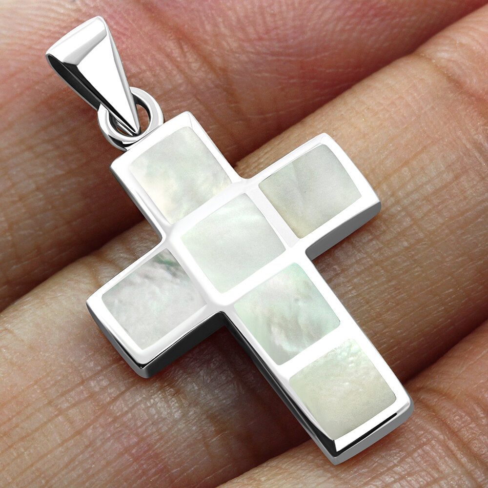Contemporary Stone Pendant- Blocked Sleek Cross with Mother of Pearl